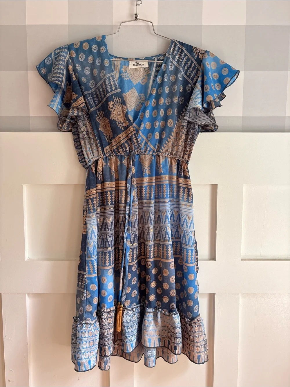 Boho Blue Printed V-Neck Mini Dress with Tassel Detail Small - Picture 10 of 10